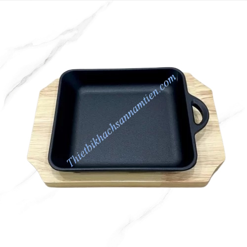 Chảo Gang Vuông 1 Quai, Chảo Gang Nướng Pizza Kèm Đế Gỗ Size 14*11CM
