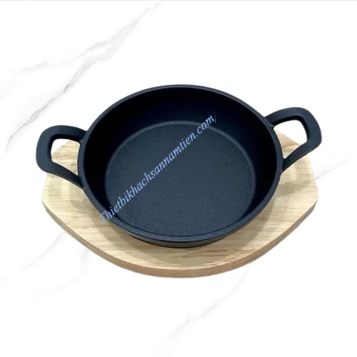 Chảo Gang Tròn 2 Quai Kèm Đế Gỗ Size 16CM