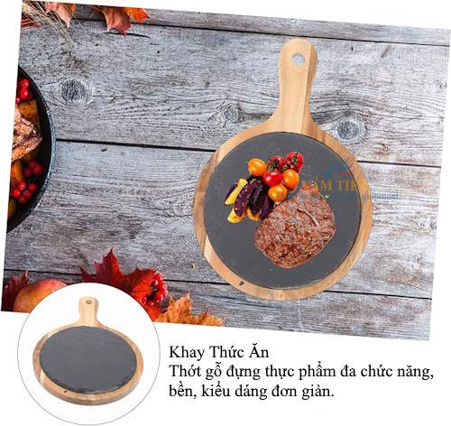 Đĩa Đá Phiến Đen Tròn Kèm Đế Gỗ Tròn Có Tay Cầm Ø35Cm NT0309146