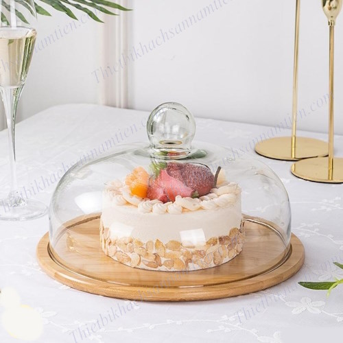 Kệ Trưng Bày Bánh Nắp Chụp Thủy Tinh Đế Gỗ 26cm