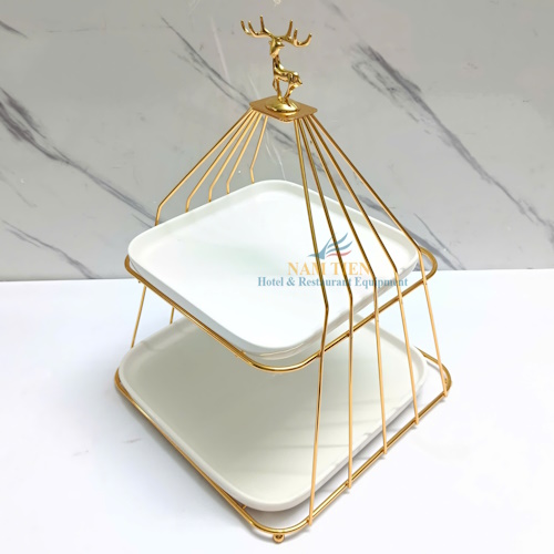 Khay Bánh Đầu Hươu 2 Tầng Inox Vàng Dĩa Sứ NT0309142