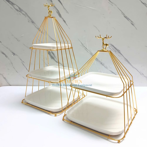 Khay Bánh Đầu Hươu 2 Tầng Inox Vàng Dĩa Sứ NT0309142