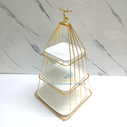 Khay Bánh Đầu Hươu 3 Tầng Inox Vàng Dĩa Sứ NT0309143