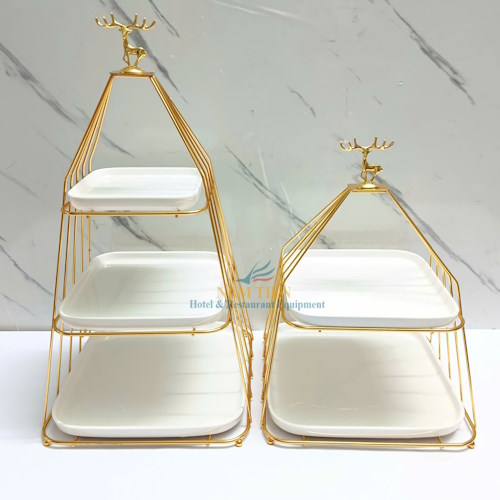 Khay Bánh Đầu Hươu 3 Tầng Inox Vàng Dĩa Sứ NT0309143