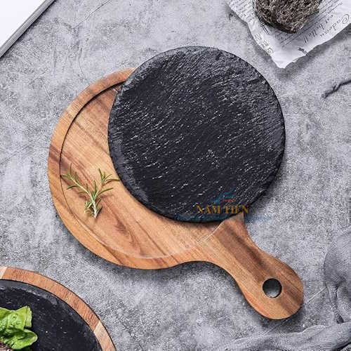 Khay / Thớt Gỗ Đá Đen Có Tay Cầm Hình Tròn  Ø25cm NT0309144