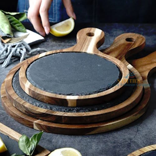 Khay Thớt Gỗ Đá Đen Hình Tròng Có Tay Cầm 30CM NT0309145