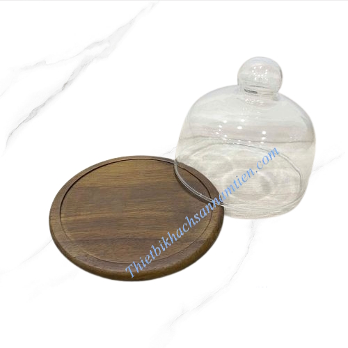 Nắp Chụp Thủy Tinh Đế Gỗ Size 13Cm Trưng Bày Thức Ăn NT0310047