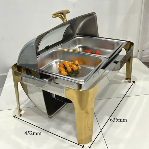 Nồi Hâm Thức Ăn Buffet Chữ Nhật Chân Vàng Nắp Kính 2 Ngăn NT0301132-2
