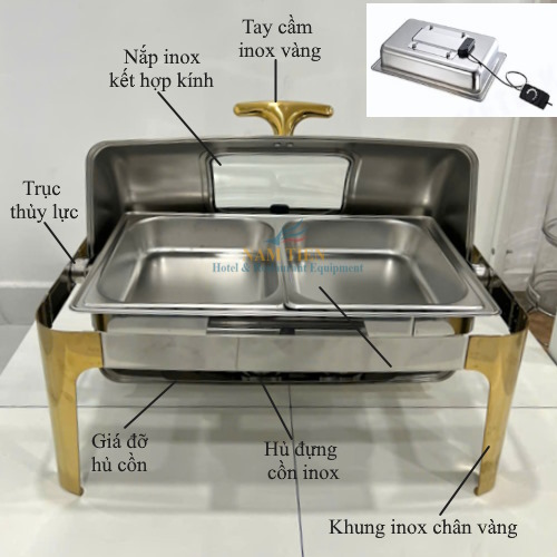 Nồi Hâm Thức Ăn Buffet Chữ Nhật Chân Vàng Nắp Kính 2 Ngăn NT0301132-2