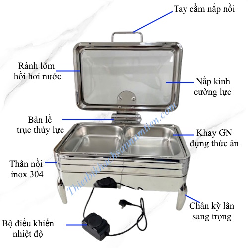 Nồi Hâm Buffet Điện Chữ Nhật Inox 304 2 Ngăn Chân Kỳ Lân