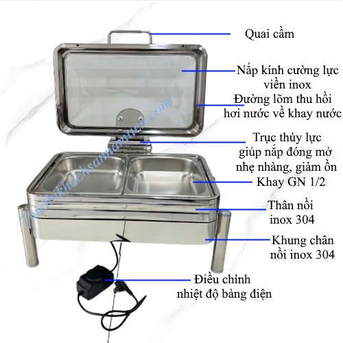 Nồi Hâm Buffet Điện Chữ Nhật Inox 304 2 Ngăn Chân Trụ