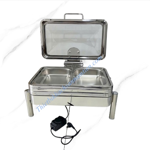 Nồi Hâm Buffet Điện Chữ Nhật Inox 304 2 Ngăn Chân Trụ