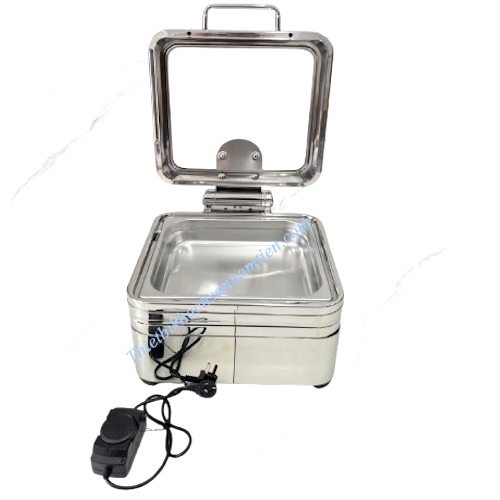 Nồi Hâm Buffet Điện Vuông Inox 304 Nắp Kính Bản Lề Trục Thủy Lực