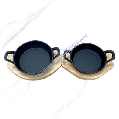 Chảo Gang Tròn 2 Quai, Chảo Gang Mini Kèm Đế Gỗ Size 18CM