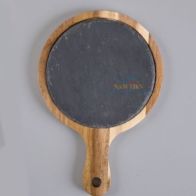 Đĩa Đá Phiến Đen Tròn Kèm Đế Gỗ Tròn Có Tay Cầm Ø35Cm NT0309146