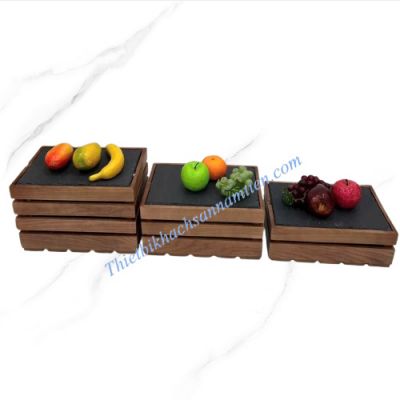 Kệ Gỗ Nâu Tấm Đá Đen Đa Tầng Trưng Bày Buffet 