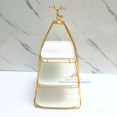 Khay Bánh Đầu Hươu 3 Tầng Inox Vàng Dĩa Sứ NT0309143