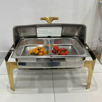 Nồi Hâm Thức Ăn Buffet Chữ Nhật Chân Vàng Nắp Kính 2 Ngăn NT0301132-2