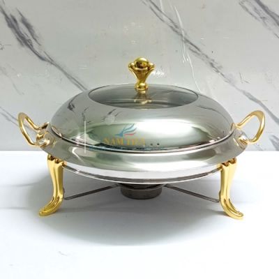 Nồi Hấp Hâm Thức Ăn Inox Tròn Chân Vàng, Nồi Hấp Cầy, Nồi Lẩu Cồn