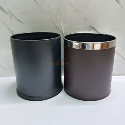 Thùng Rác 2 Lớp Bọc Da Nâu Dạng Tròn Để Phòng Khách Sạn, Văn Phòng