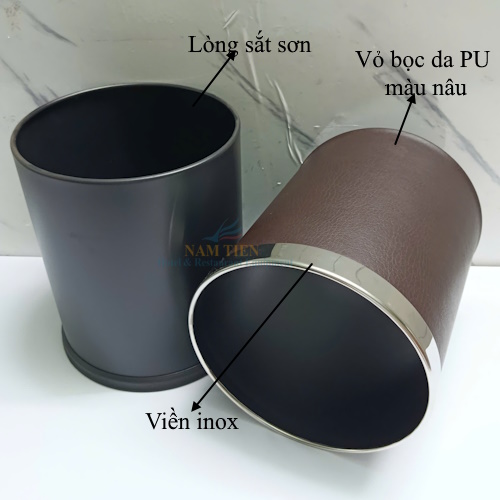 Thùng Rác 2 Lớp Bọc Da Nâu Dạng Tròn Để Phòng Khách Sạn, Văn Phòng